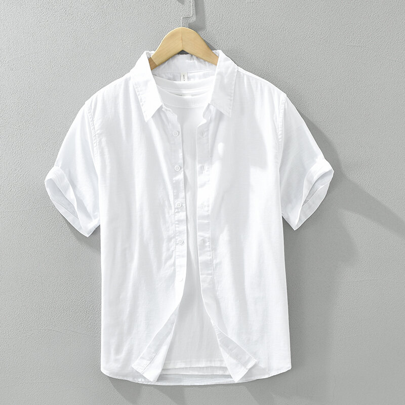 Camisa de algodão de manga curta masculina com botão de linho, camisa casual de tamanho grande solta