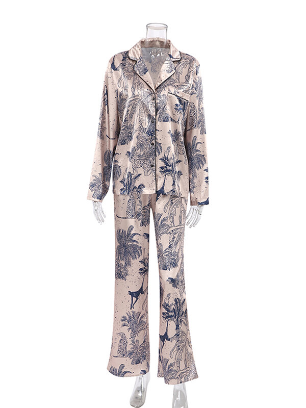 Hiloc-Conjunto de pijama de manga larga para mujer, ropa de dormir con estampado, pantalones de pierna ancha y cintura alta, 2 piezas