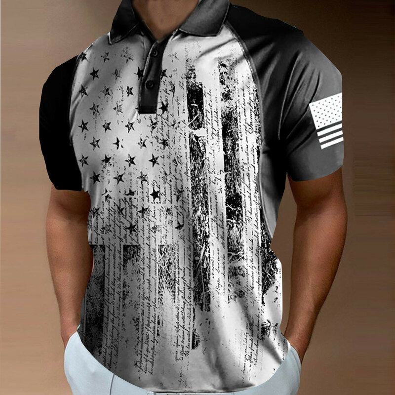 Men Spring And Summer Fashion Loose Lapel Zipper 3D Digital Printing Independence Day Short Sleeve Top T All- Dark