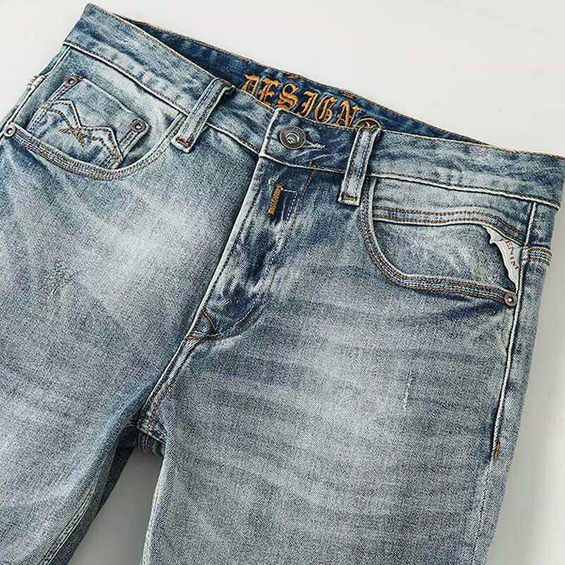 Nowe modne męskie jeansy męskie niebieskie w stylu Retro elastyczne rozciągliwe dopasowanie dopasowane porwane jeansy mężczyzn spodnie typu Casual spodnie dżinsowe w stylu Vintage Hombre