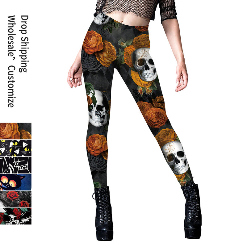 NADANBAO Flower Skull Leggings donna pantaloni a vita media pantaloni con stampa a righe zucca collant a vita alta Festival abbigliamento femminile