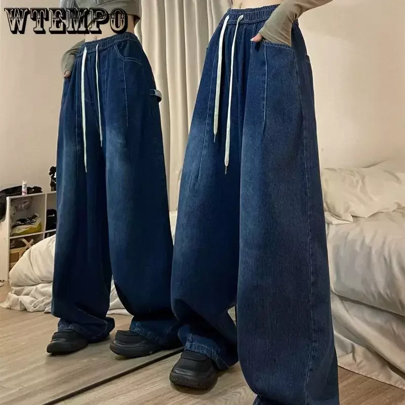 女性のヴィンテージバギージーンズ,伸縮性のあるウエストバンド付きのゆったりとした春のパンツ,ワイドでストレートなストリートウェア,y2k