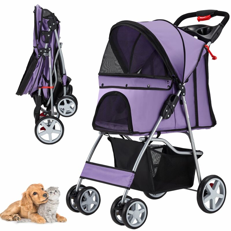 Purple 4-Wheel Folding Dog Cat Stroller: Jogger Stroller, Medium/Small Pets