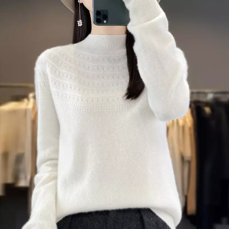Women's Autumn Winter New Long Sleeve Solid Half High Neck Hollow Out Fashion Korean100Cashmere Wool Knit Pullover Basic Sweater