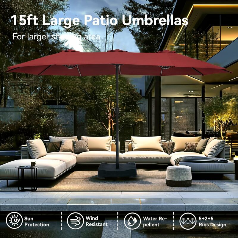 Parapluie de terrasse double face avec manivelle, marché extérieur, respirant, siège inclus, rouge foncé, 15 pieds