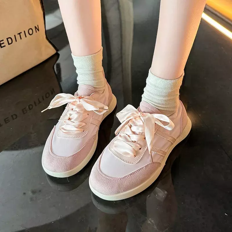 Women's Vulcanized Shoes Summer Selling Women's Shoes Round Toe Lace-up Trend Color Blocking Flat Non-Slip Women's Sports Shoes