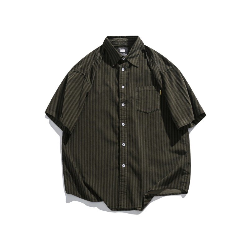 Camisa listrada de manga curta masculina, retrô japonês Cityboy, nicho novo, botões de lapela Harajuku, jaqueta casual solta, verão