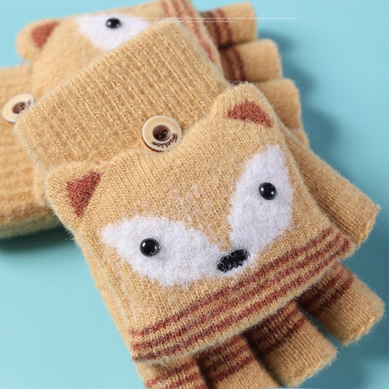Baby Toddler Cartoon Knit Gloves Unisex Children Winter Warm Half Finger Mittens