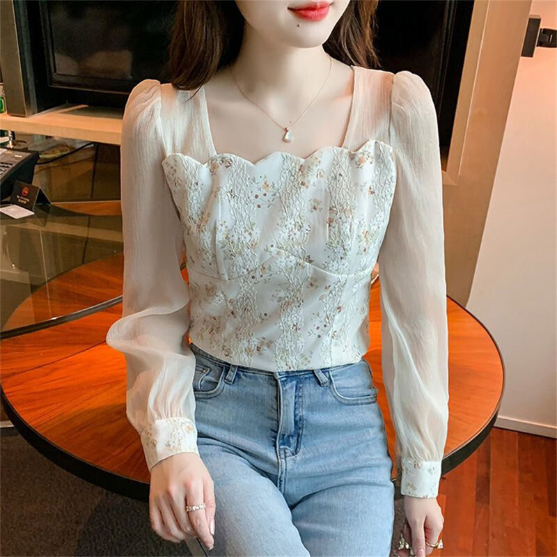 Женская шифоновая рубашка с воротником «Питер Пэн», простой милый однобортный Топ свободного покроя с кружевными оборками, в Корейском стиле, весна-осень