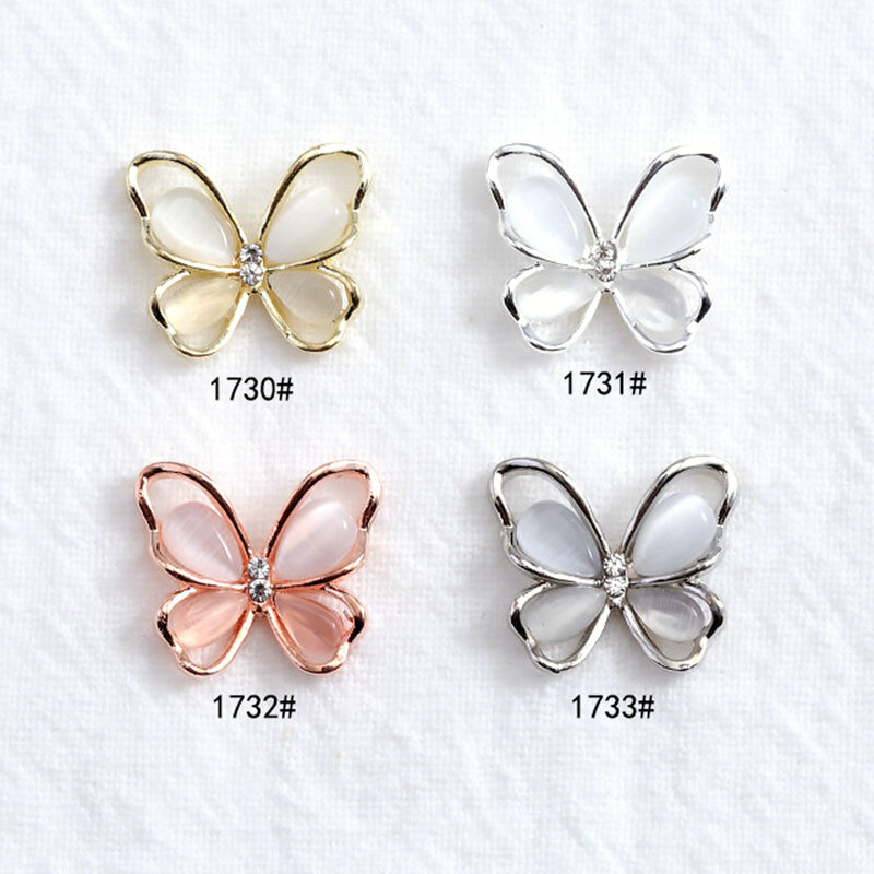 10Pcs 3D Butterfly Nail Art Jewelry Charms Rose Gold/Silver/Gray Crystal Rhinestones 13*15mm Alloy Opal Nail Parts Accessories
