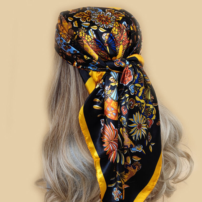 Headcloth syal sutra cetak Fashion bandana persegi mewah empat musim 90X90CM syal tabir surya bunga Populer