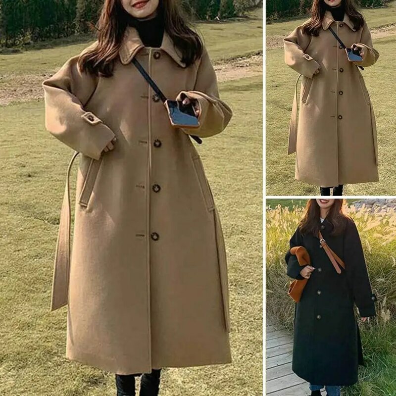 女性のミドル丈ラペルオーバーコート、ベルト付きのスタイリッシュな防風コート、暖かい冬のオーバーコート、ゆったりとしたフィット感、女性