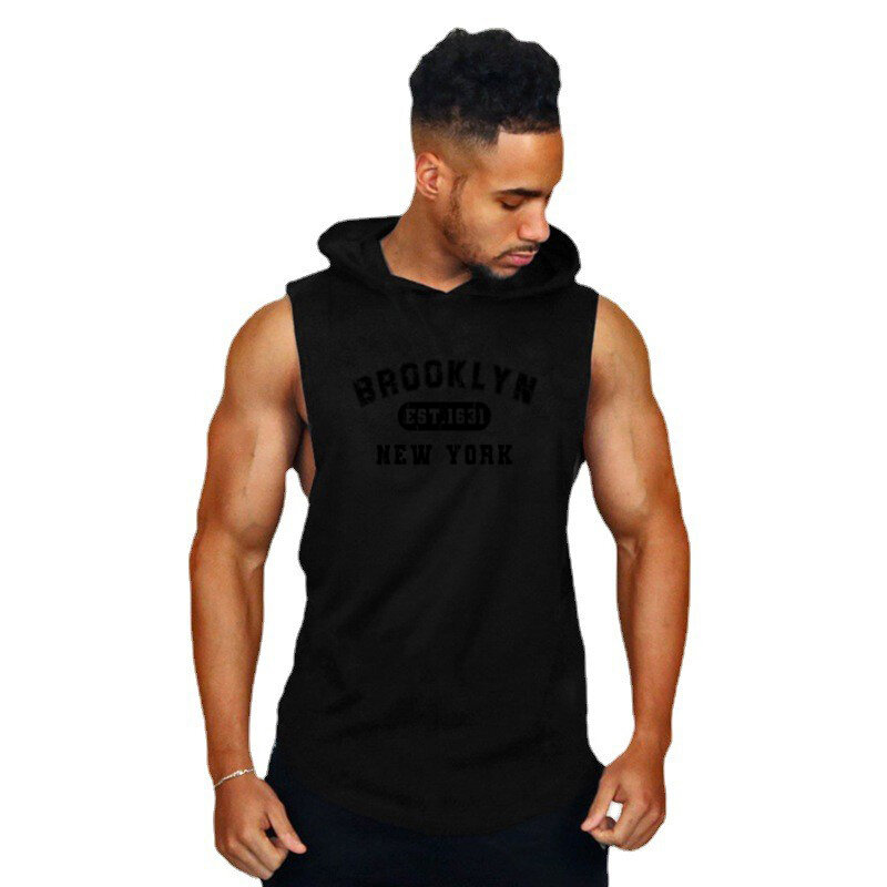 Gym Sports Mens Bodybuilding Fitness Workout Printed Loose Summer Fashion Casual Hoody Stringer Vest