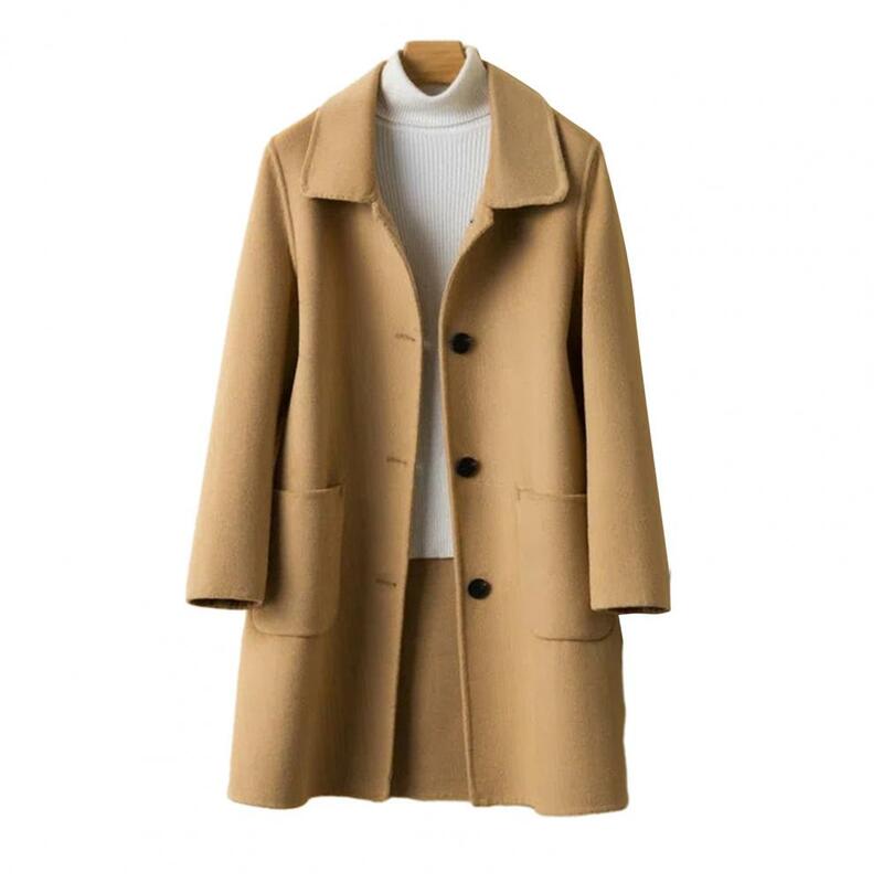 معطف نسائي متوسط الطول مقاوم للبرد مع جيوب ، جاكيت بأكمام طويلة ، معطف فضفاض ، طية صدر أحادية الصدر ، أحادي اللون ، سميك ، خريف ، شتاء