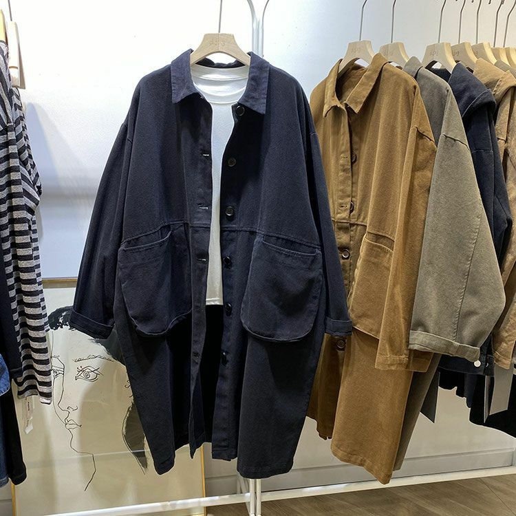 Abrigo de longitud media con solapa para mujer, abrigo holgado de manga larga, bolsillos grandes, color sólido, estilo retro, talla grande