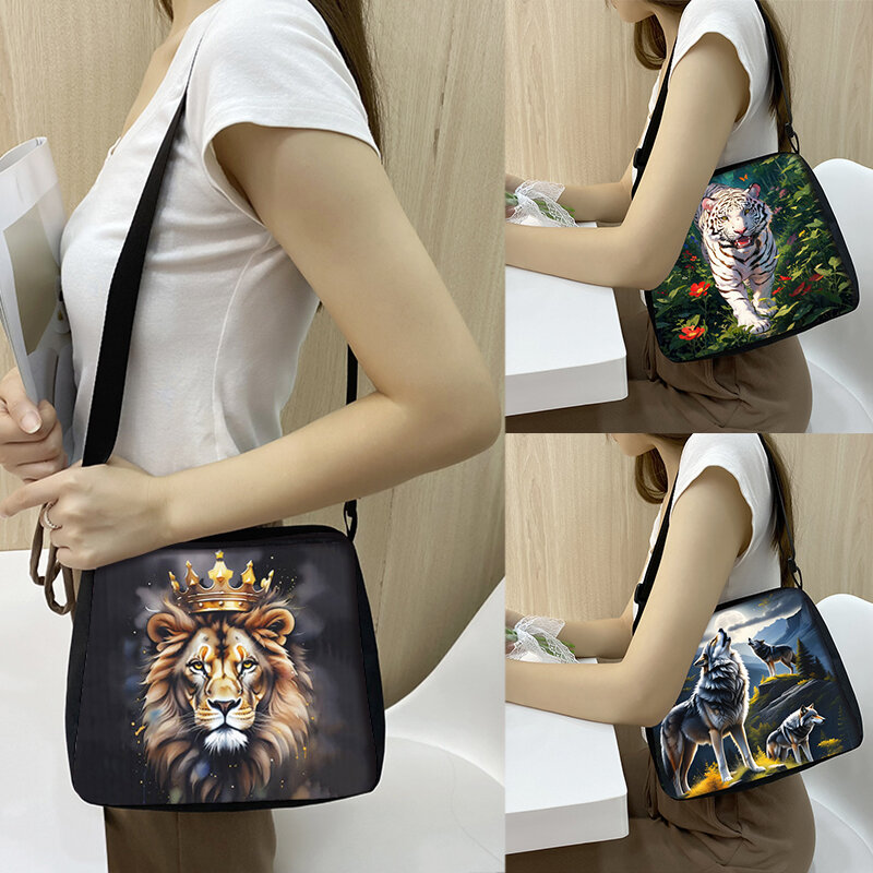 Bolsa de ombro feminina com estampa de leão com coroa tigre colorido, bolsa de viagem, bolsa crossbody lobo uivo