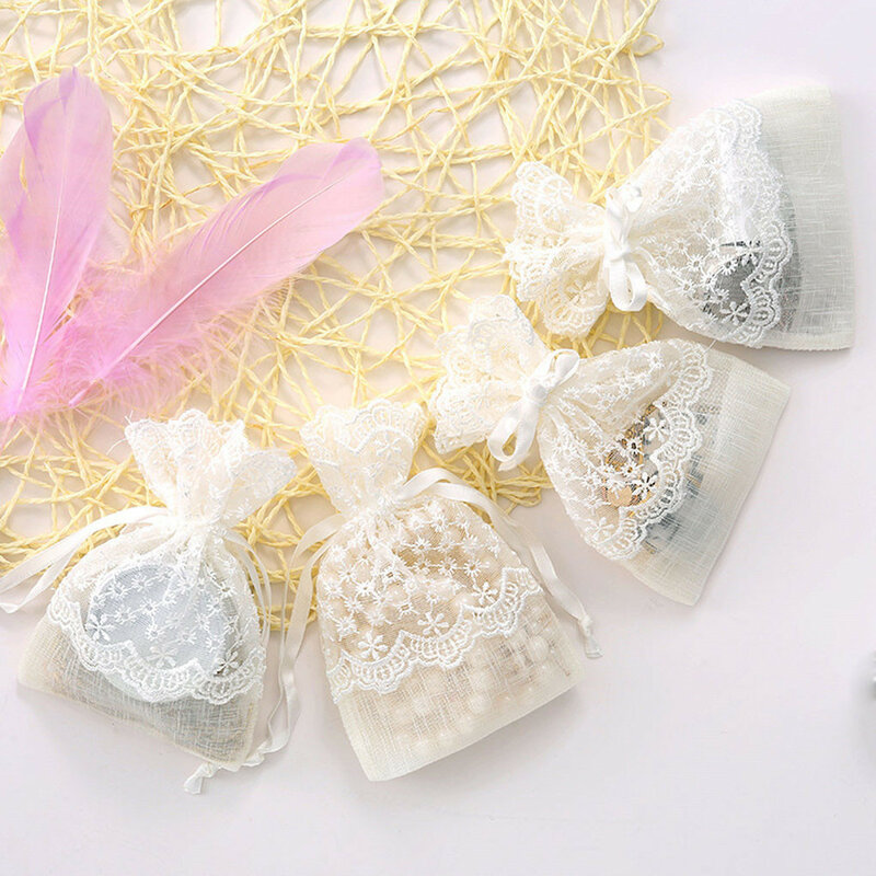 Nuevo 1PC/5PCS 14*10CM dulces de boda bolsa de encaje de flores secas bolsa de almacenamiento hilo flameado bolsa de regalo