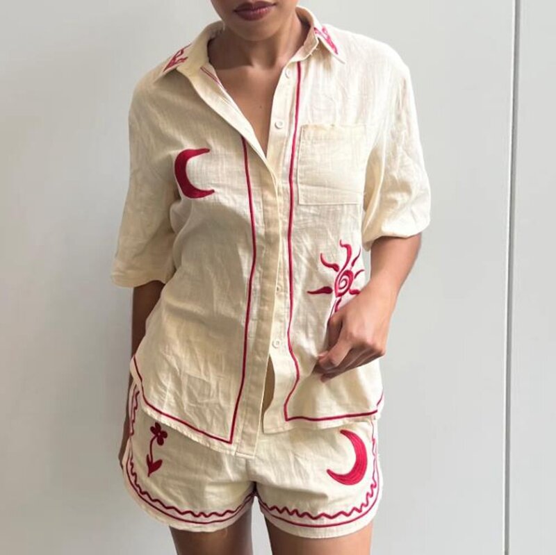 Maemukilabe в стиле бохо, праздничная блузка с коротким рукавом и принтом Солнца и Луны + шорты, женский летний комплект из 2 предметов, домашняя одежда, льняные наряды