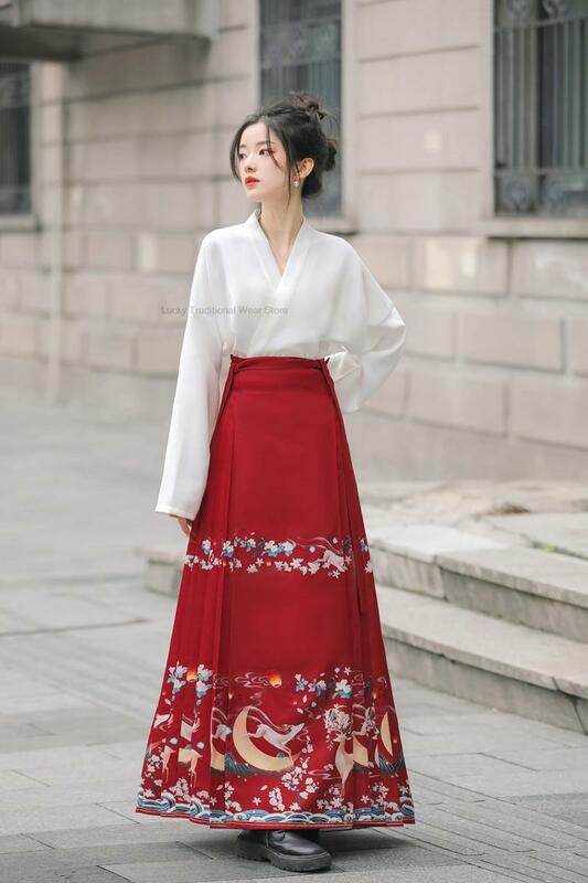 중국 한푸 여성용 개량 한푸 꽃 프린트 말 얼굴 스커트, 봄 및 가을 여성 데일리 한푸 정장, 중국 드레스 세트