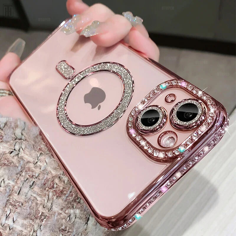 Luxe Crystal Diamant Clear Case Voor Iphone 15 11 12 13 14 Pro Max Plus Bling Sparkly Magsafe Magnetische Draadloze Oplaadhoes