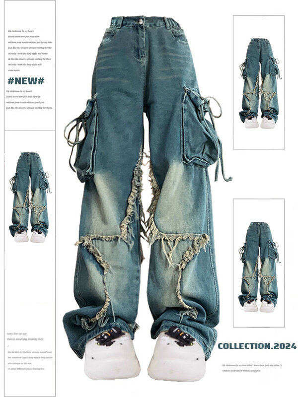 Damskie niebieskie dżinsy Cargo workowate w stylu Vintage z lat 90. Estetyczne spodnie z kowbojskie spodnie Harajuku z lat 2000. 2024