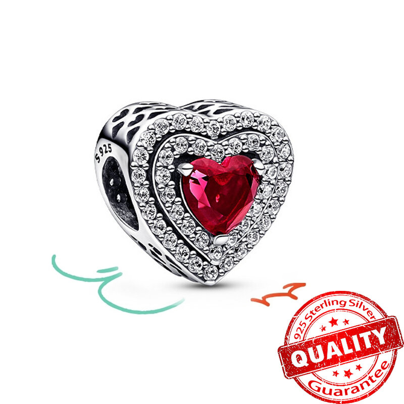 New 925 Sterling Silver Sparkly Red  Levelled Heart Beaded Charm Fit Original Pandora Bracelet DIY Jewelry Gift For Women