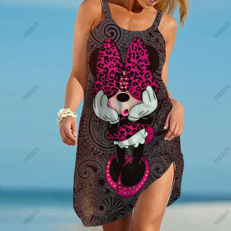 Bohemian Sleeveless Party Dresses Elegant Sundress Women's Fashion Summer Strap Beach Dress Disney Mickey Mouse Print Dress