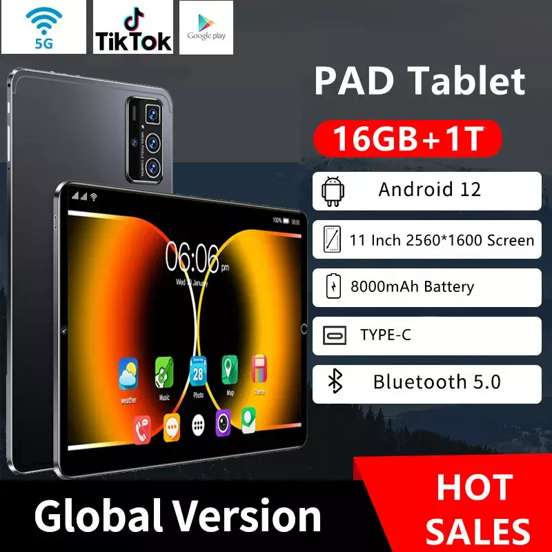 Tablet Android 12 Versão Global, 16GB de Ram 1T Rom, Dual SIM, 10 Core, WPS, GPS, Bluetooth, Rede 5G, Novo, 2022, 11"