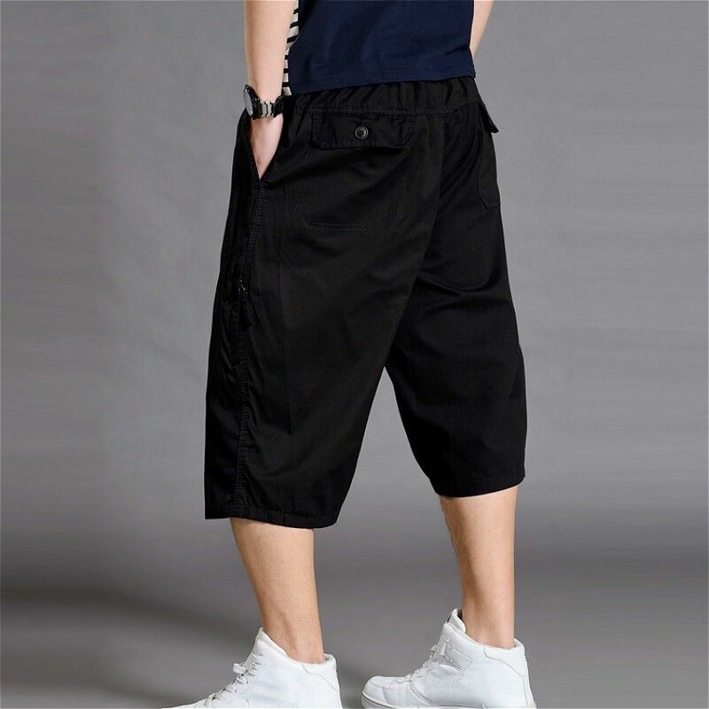 Mens Cargo Pants Shorts Loose Casual Cotton Trousers 3/4 Length Pants