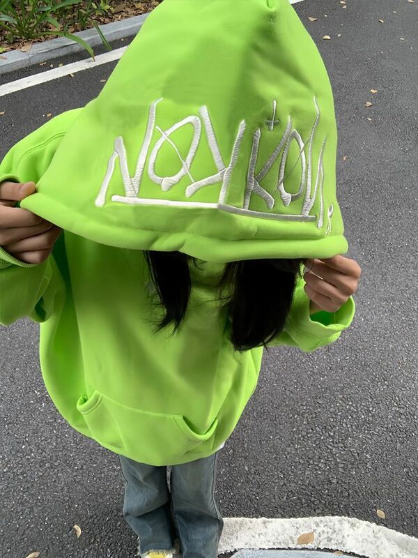Флуоресцентная зеленая толстовка с капюшоном и надписью в стиле Харадзюку, свободная парная куртка в американском стиле, в стиле хип-хоп, Милая женская одежда Y2k