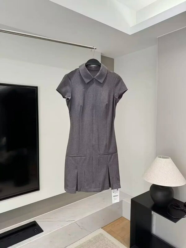 Dames Nieuwe Mode Pocket Decoratie Slanke Shirt Kraag Brede Geplooide Mini Jurk Retro Korte Mouw Rits Dames Jurk Mujer