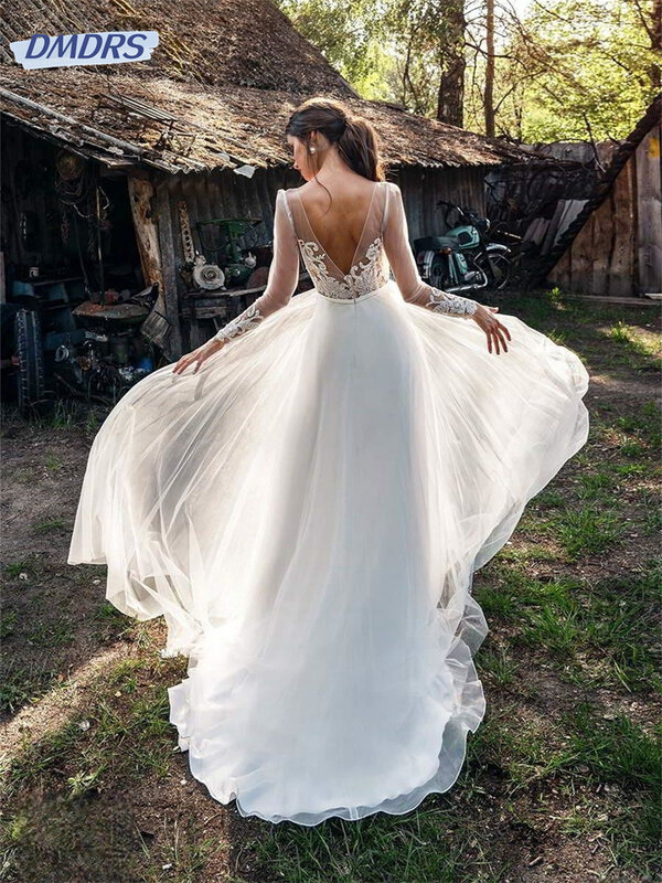 Gaun pengantin renda elegan gaun seksi dengan tali transparan gaun Tulle pola cetak sederhana Vestido De Novia