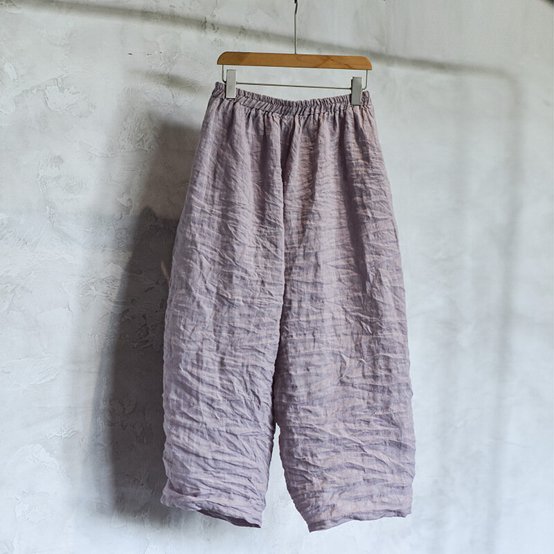 Kobiety luźne codzienne Ramie szerokie nogawki spodnie na jesień panie Retro jednolite Ramie spodnie do łydki kobiety 2023 Vintage spodnie haremowe