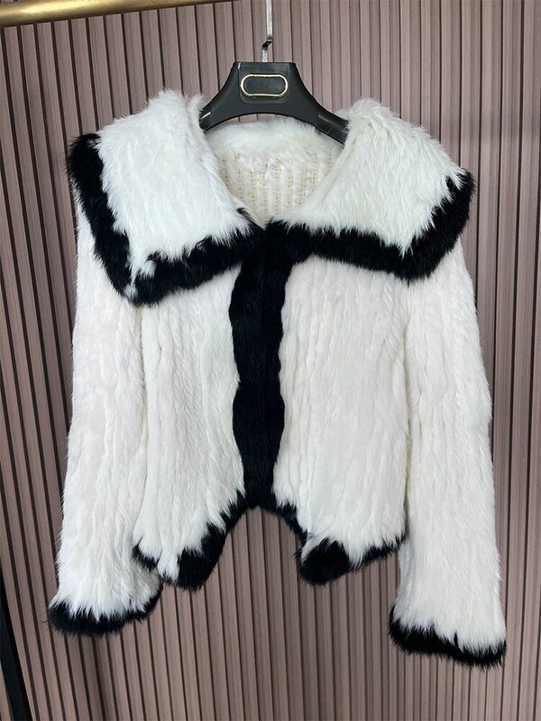 女性のための自然なウサギの毛皮のコート,本物のキツネの毛皮,織り,豪華な服,新しい2024
