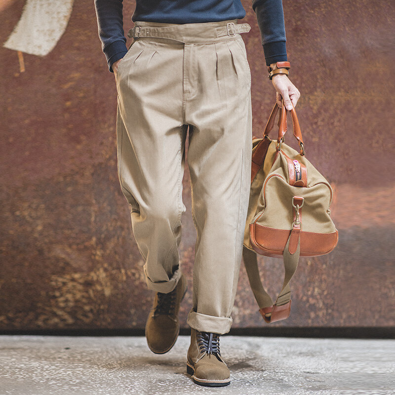 Maden Vintage calça de cintura alta ajustável, calça casual dupla plissada reta cônico masculino, calças Amekaji algodão