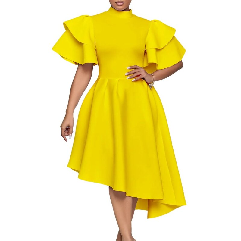 2024 African Party Evening Dresses for Women Summer Fashion African Short Sleeve Polyester White Yellow Orange Midi Dress S-3XL