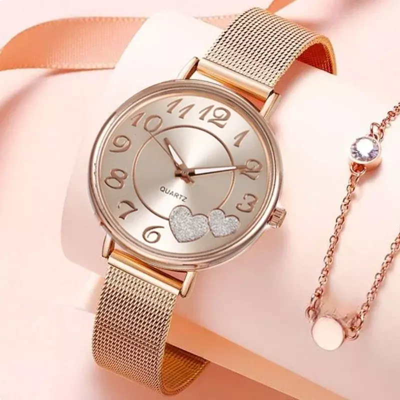 하이 퀄리티 여성용 럭셔리 시계, 우아한 로즈 골드 하트 대형 다이얼 시계, 심플 캐주얼 학생 시계