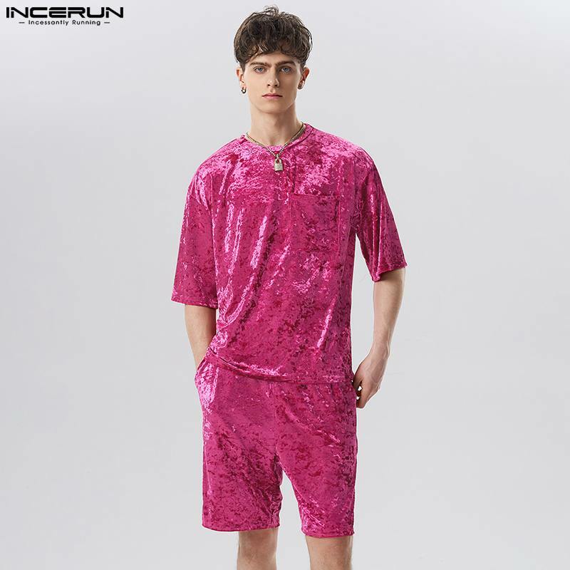 INCERUN Men Sets Velour Solid Color Streetwear 2023 Short Sleeve Pockets T Shirt & Shorts 2PCS Loose Fashion Men Casual Suits 7