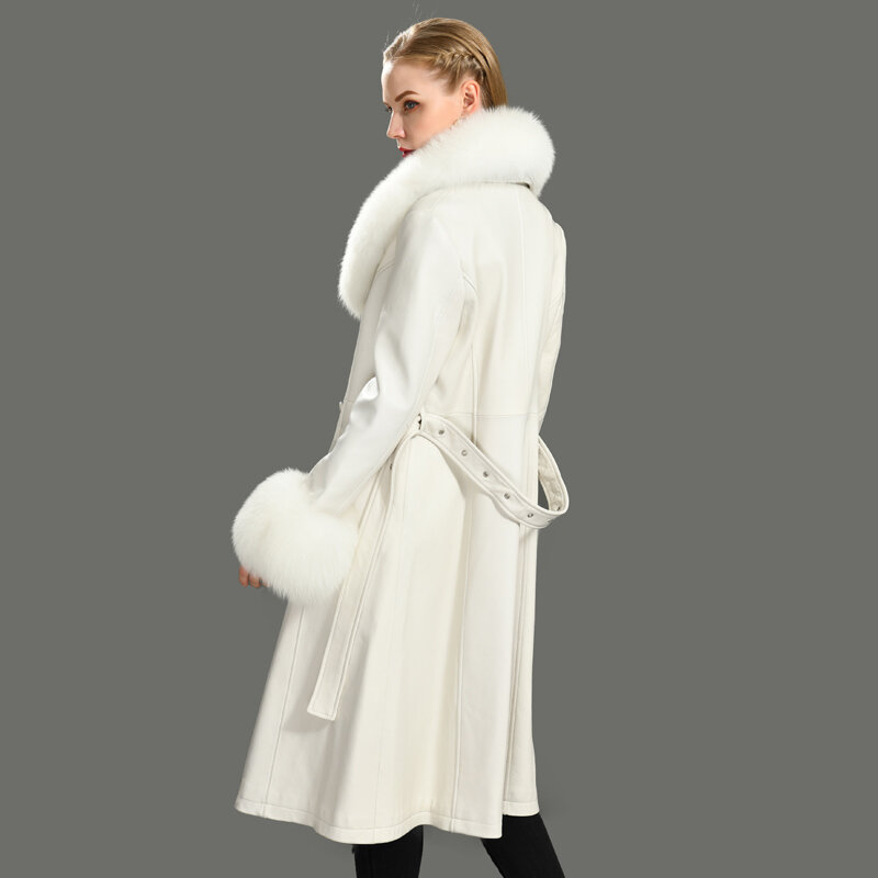 Пальто из натуральной овечьей кожи женское, с воротником из лисьего меха, осенне-зимнее, теплое