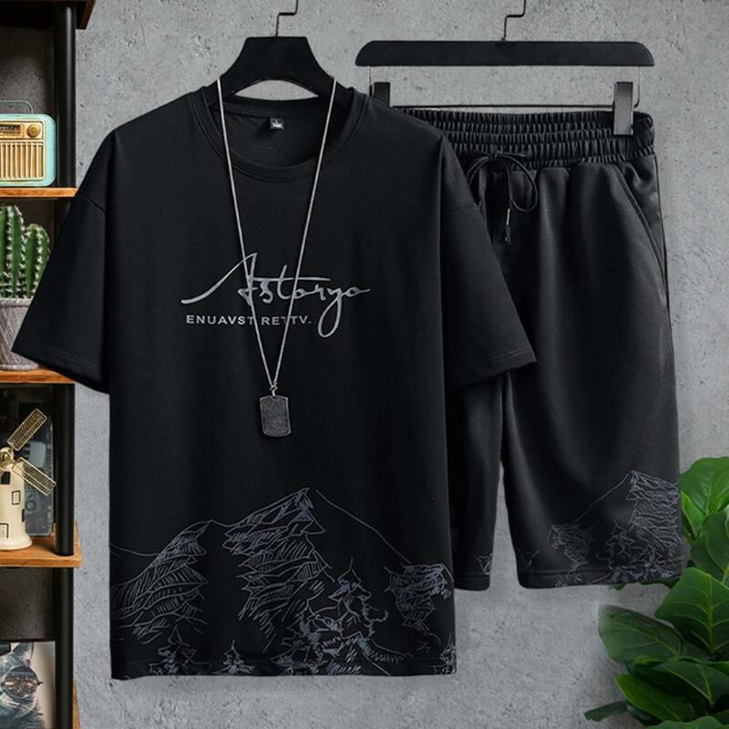 2Pcs/Set Casual Outfit Fashion Thin Sportswear Suit Mountain Print Loose T-shirt Loose Shorts Sport Suit Streetwear