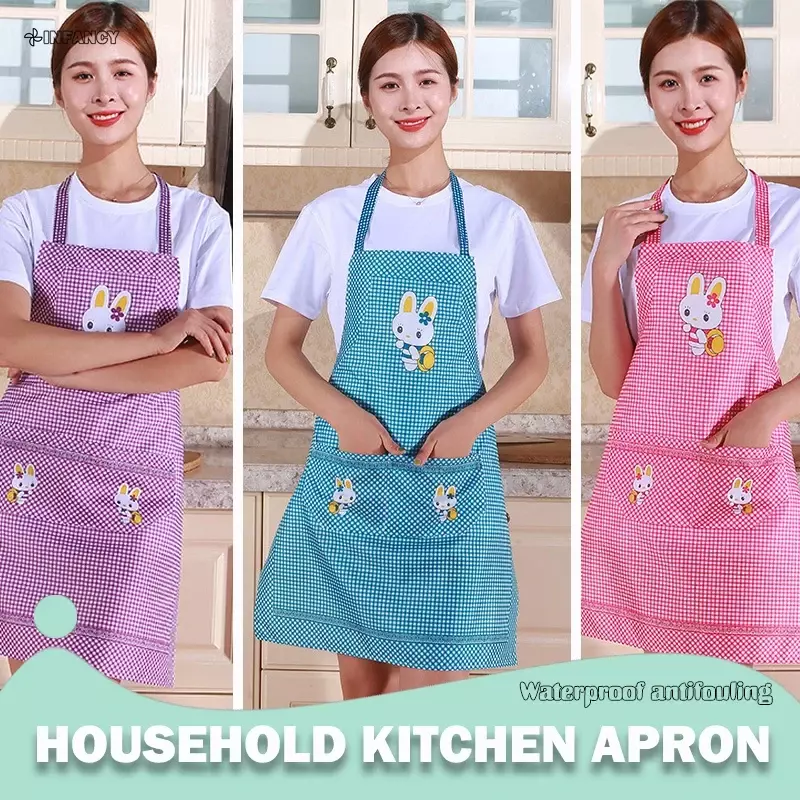 Cute Cartoon Rabbit Kitchen Avental para homens e mulheres, Ferramentas de limpeza doméstica, Rosa, branco, impermeável, algodão, linho, fácil de limpar, casa