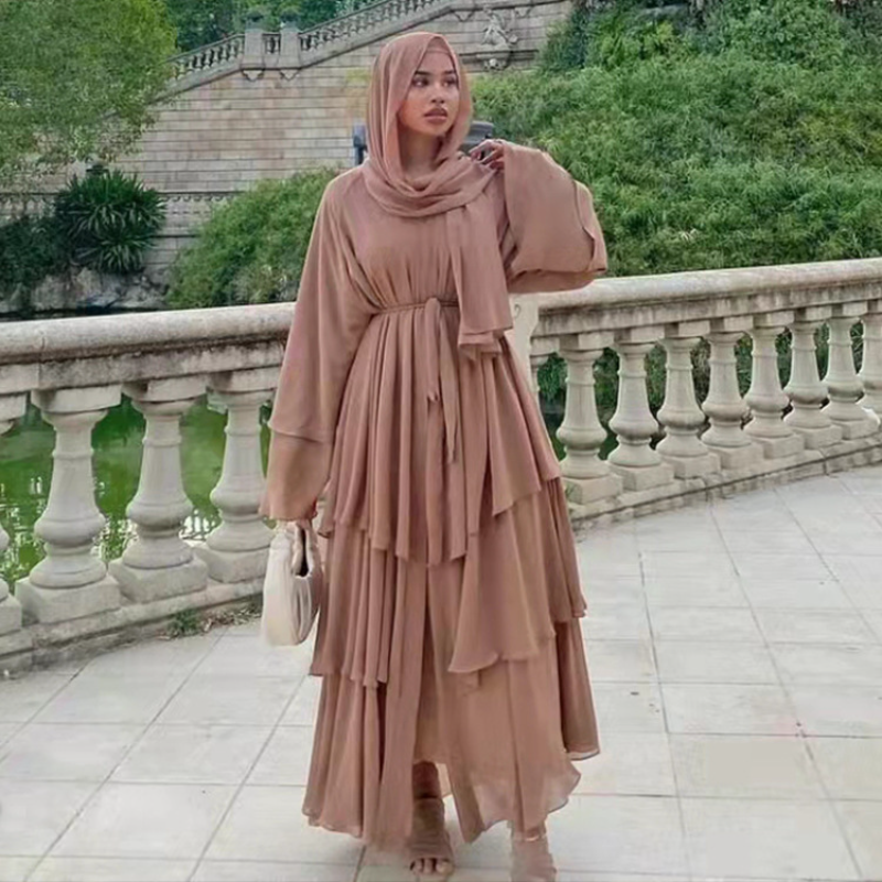 แฟชั่นเย็บสามชั้นชีฟองเสื้อสเวตเตอร์ถักมุสลิมชุดสีทึบ Robe Hijab Tunique Femme Musulman