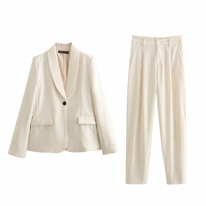 TRAFZA 2024 Women Spring Summer Office Lady Solid Suits Single Button Blazers+Pencil Long Pants Elegant Women Casual Sets