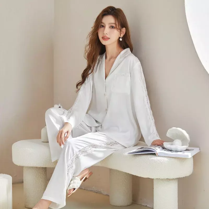WPTCXH New 2023 Spring Summer Ice Silk Pajama Woman Simple Sleepwear Solid Color Hollow Lace Satin Home Wear Sets Loungewear