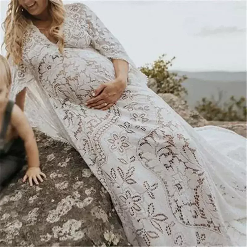 Vintage Lace Maternity Dress Boho Batwing Sleeve for Pregnant Long Gown Shooting Photo Photography Props Clothes for Baby Shower