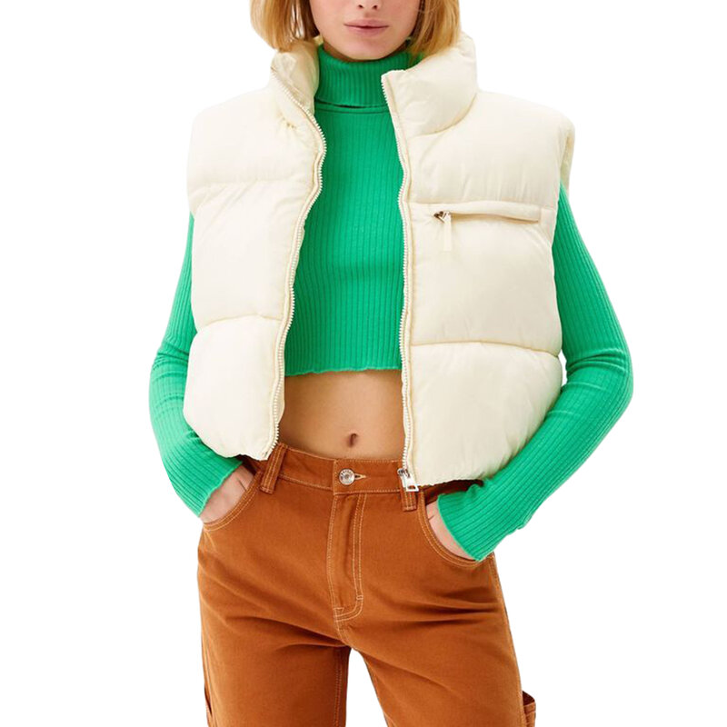 Chaleco de plumas recortado para mujer, chaqueta sin mangas con cremallera, abrigo ligero y cálido de Color sólido, ropa de calle para invierno