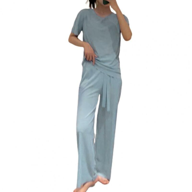 summer outfits for women 2023 O-neck Short Sleeve Ice Silk T-shirts Drawstring Wide Leg Pants Loungewear Set conjuntos cortos