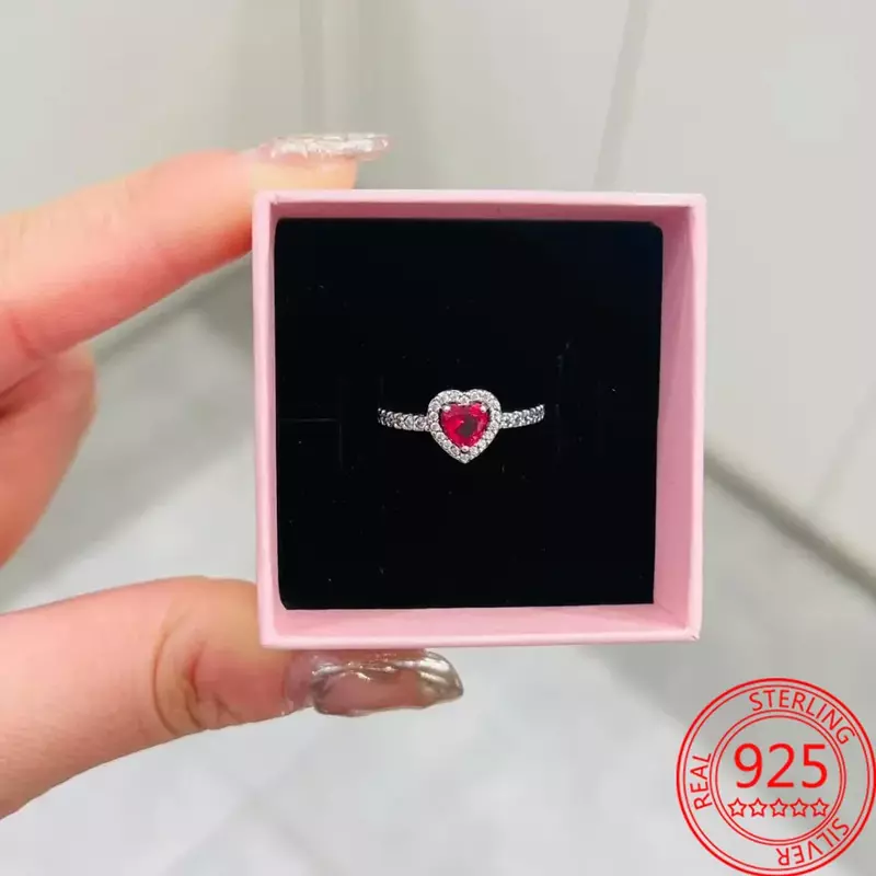 New 925 Sterling Silver Sparkling Heart Halo Pendant Collier Necklace Red Heart Ring Round Hoop Earrings Women Jewelry Set Gift