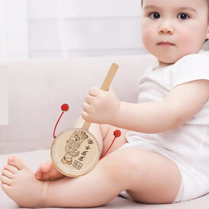 Wood Cartoon Chinese Traditional Spinning Rattle Drum Hand Bell Baby Musical Toy