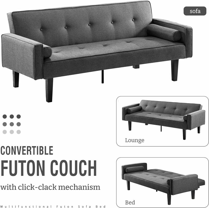 Futon divano letto, divano letto moderno convertibile in ecopelle con braccioli per Studio, ufficio, appartamento, vita compatta